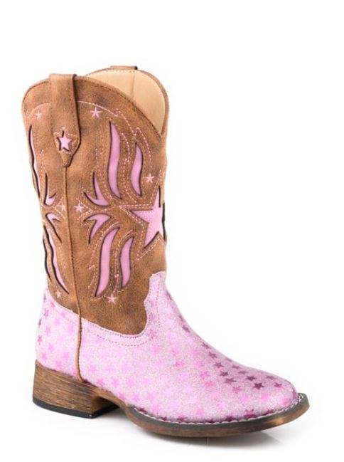 Roper Pink Glitter Star Vamp/Tan Shaft Little Kids Wide Square Toe Boots  with Glitter Underlay 0901819033619PI