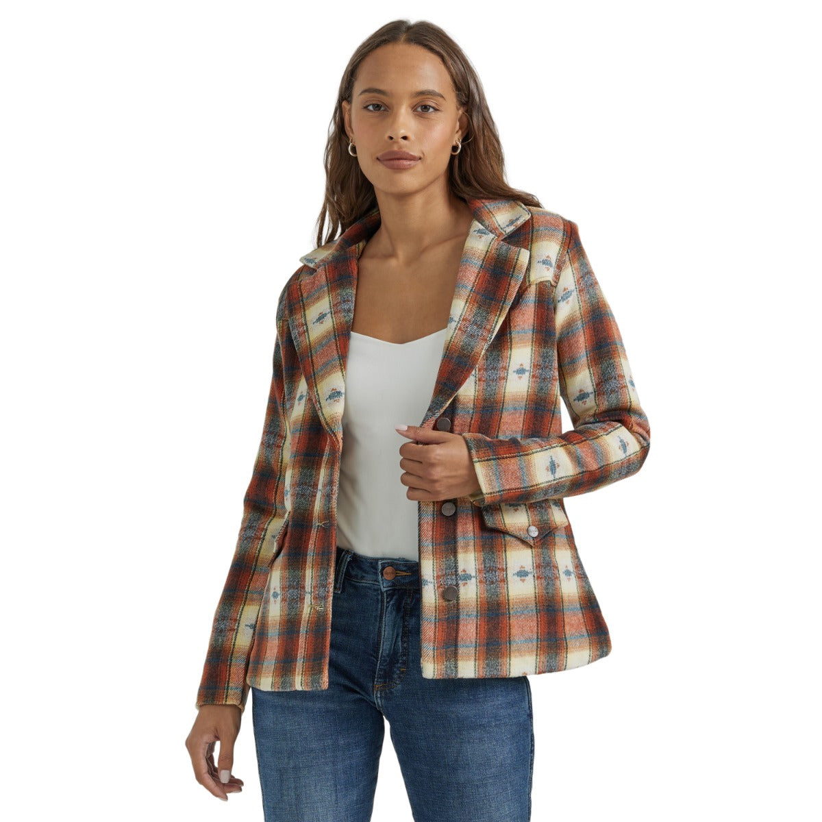 Wrangler Creamy Red Plaid with Western Print Women's Blazer Coat with