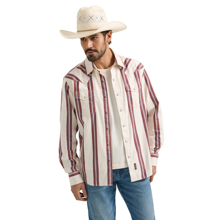 Wrangler Cream/Red Retro Premium Brushpopper Stripe  Men's Slim Fit Spread Collar Longsleeve Snap Shirt 112359922