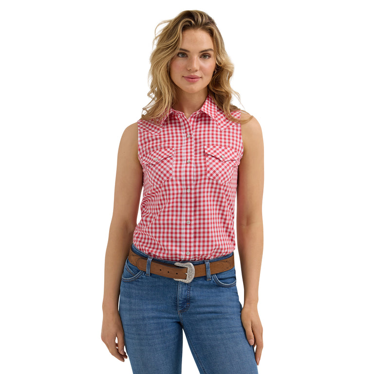 Wrangler Red Gingham Essential Women's Collared Western Snap Tank Top 112362261