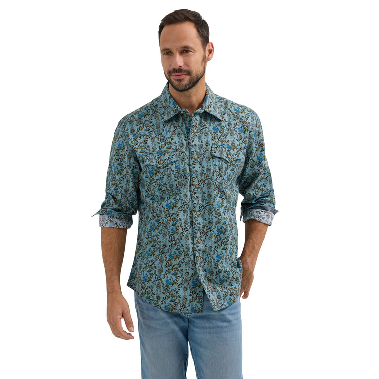 Wrangler Jewel Blue Floral Retro Premium Collared Longsleeve Men's Snap Shirt 112365629