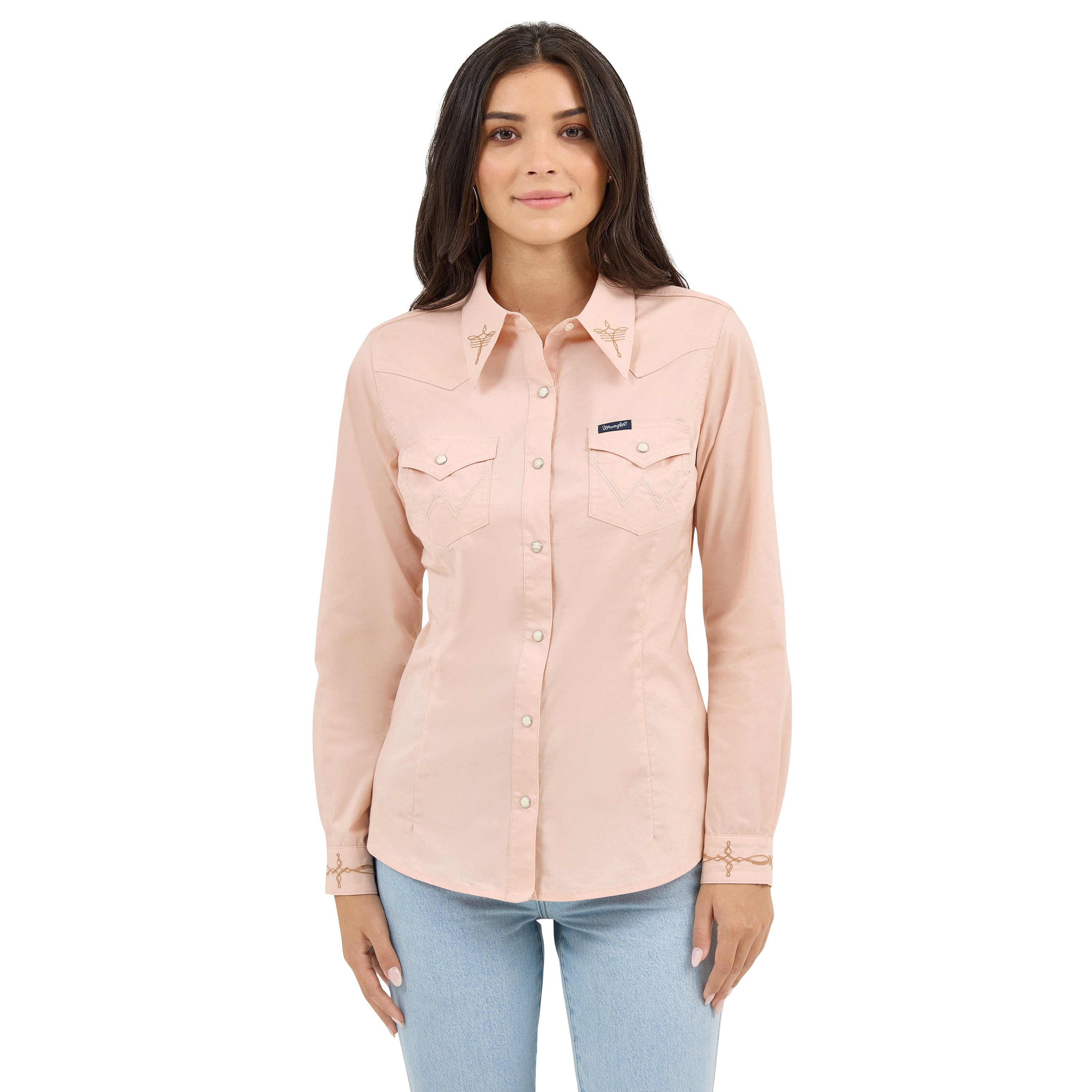 Wrangler Pink Embroidered Collar Slim Women's Western Snap Shirt 11237