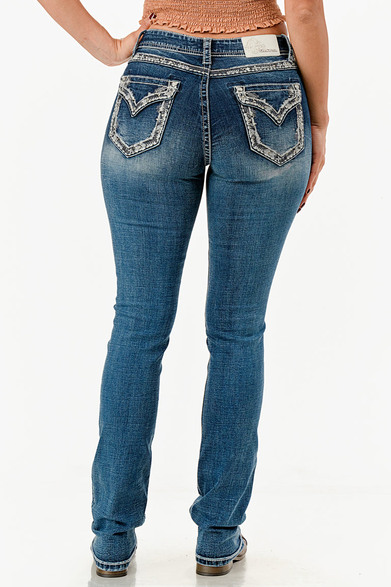 Grace in LA Dark Wash Easy Fit Mid Rise Bootcut Women's Jeans with Border Faux Flap Pockets EB51994MD-32