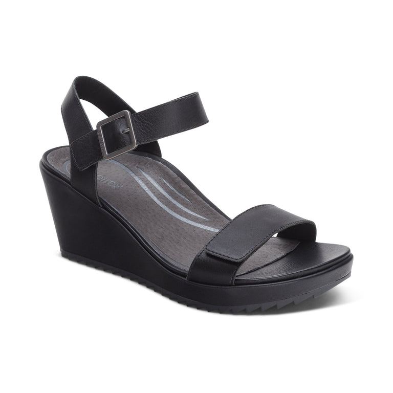 Aetrex Black Andrea Quarter Strap Women's Wedge Shoes HW220