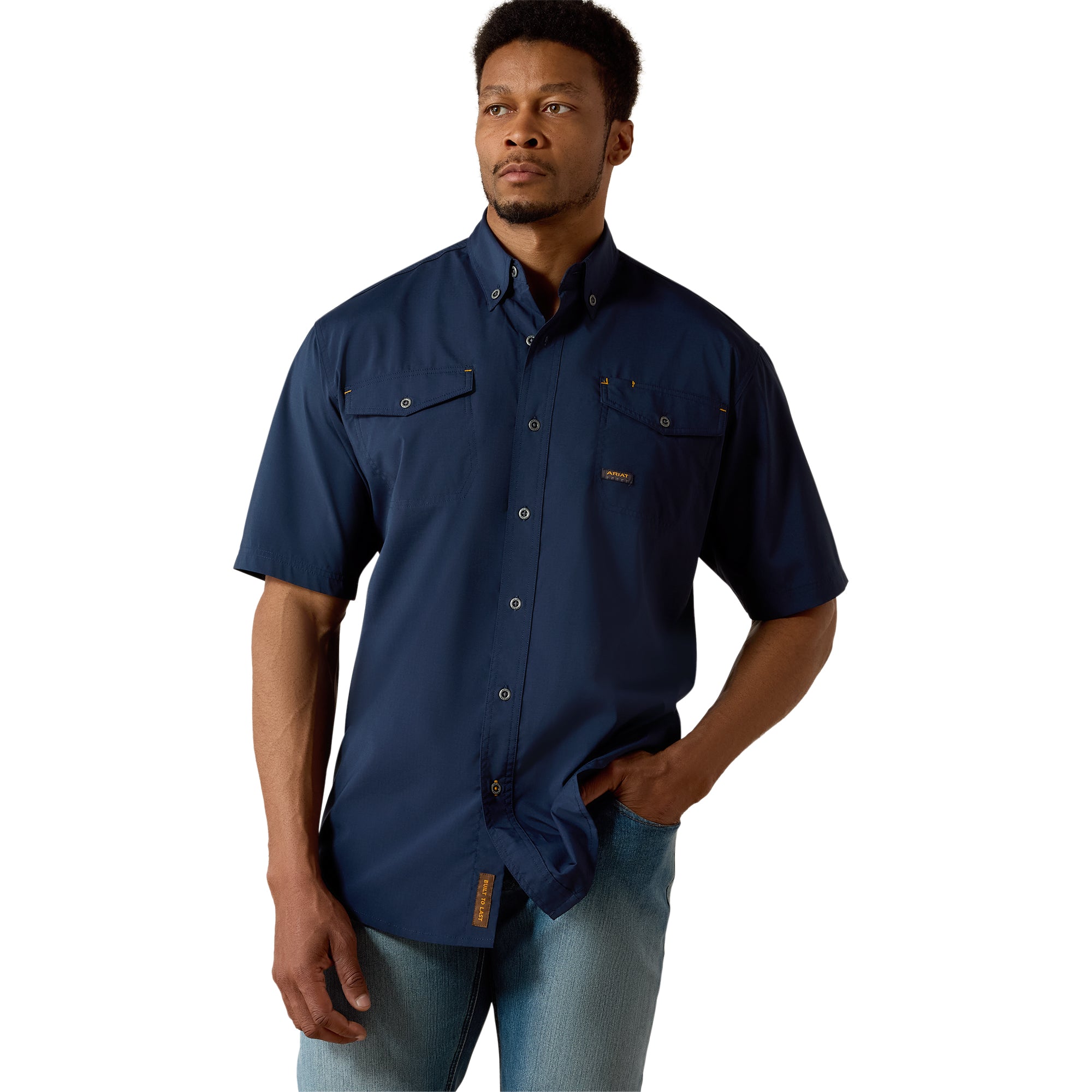 Ariat navy Rebar Made Tough VentTEK Durastretch Men's Collared Work Sh