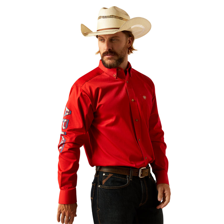 Ariat Red/Khaki Team Logo Twill Men's Collared Classic Fit Longsleeve Button Front Shirt 10055236