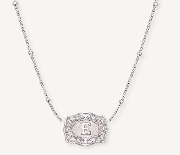 Spurwest Silver Ultra Mini Initial Belt Buckle Necklace - Letter E