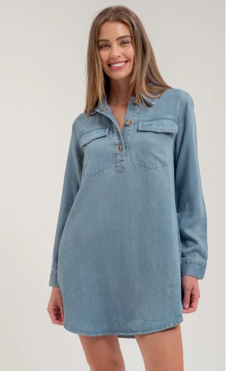 knee length dresses for ladies Blu Pepper Chambray Womem's Collared Longsleeve Mini Shirt Dress B4FD1