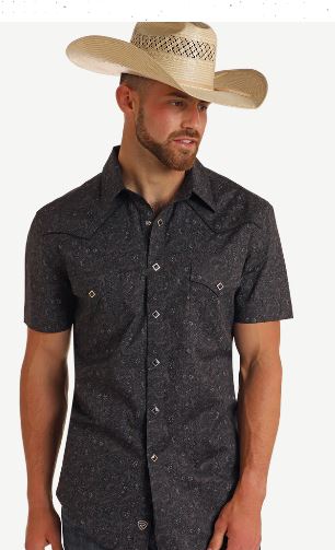 Rock and Roll Denim Black Paisley Men's Collared Slim Fit Short Sleeve