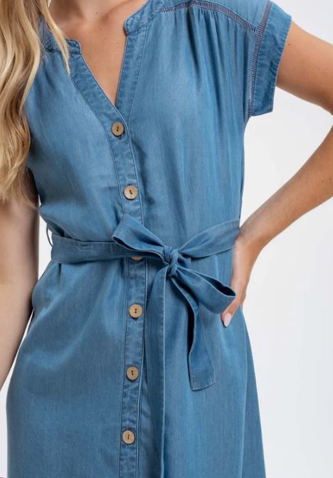 Blu Pepper Chambray Women's Button Down Belted Midi Dress with Split N Blu Pepper Chambray Women's Button Down Belted Midi Dress with Split N