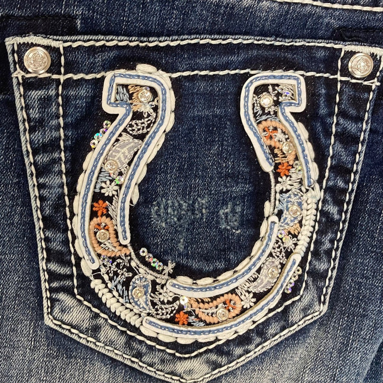 Grace in LA Dark Wash Easy Fit Paisley Embroidery Inset Horseshoe Bootcut Women's Jeans EB-51908
