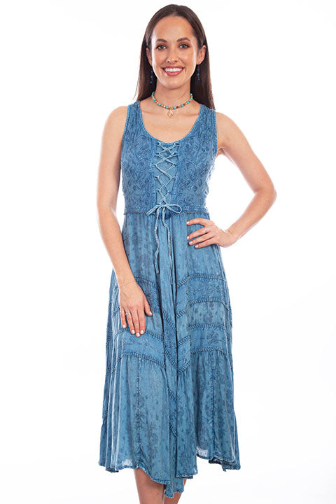 Scully Light Denim Full Length Lace-Up Front Womens Sleeveless Dress H