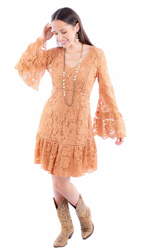 Scully Light Latte Long Sleeve Womens Lace Dress Hc557 - Size S
