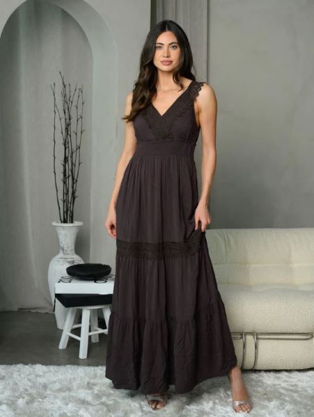 Dark Brown Sleeveless V-Neck Embroidery Detail Maxi Dress I-6-B-25917D Dark Brown Sleeveless V-Neck Embroidery Detail Maxi Dress I-6-B-25917D