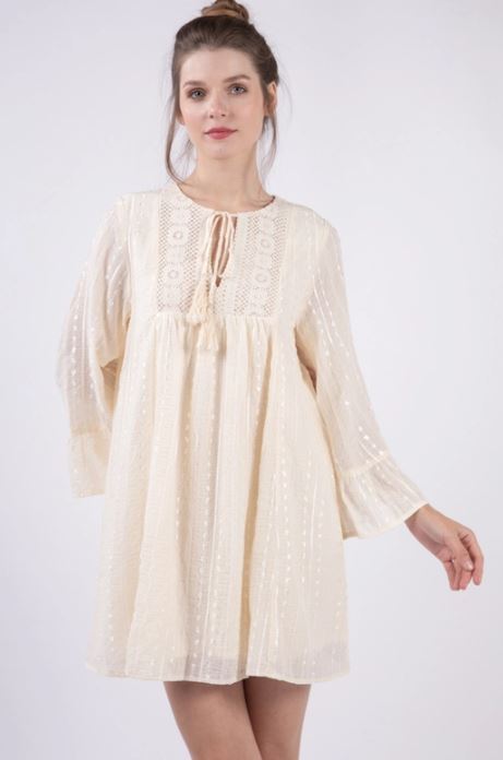 Very J Ivory Dobby Dots Stripes Mesh Tulle Sheer Chiffon Mini Dress ND