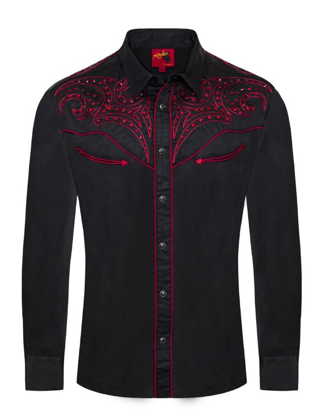 Rodeo Clothing Black/Red Men's Collared Longsleeve Regular Fit Shirt with Embroidery and Rhinestones PS500D-BLKRED