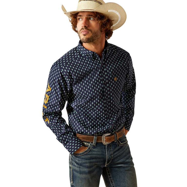 Ariat Navy/Gold Team Powell Men's Collared Fitted Longsleeve Button Front Shirt 10054727