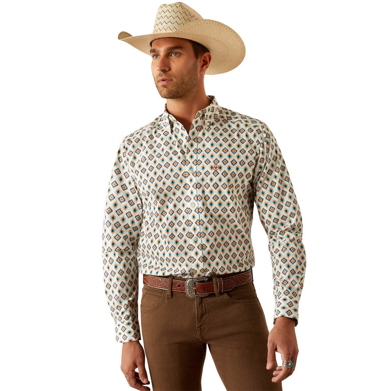 Ariat Blue Aztec Print Men's Judas Fitted Collared Longsleeve Button Front Shirt 10054744