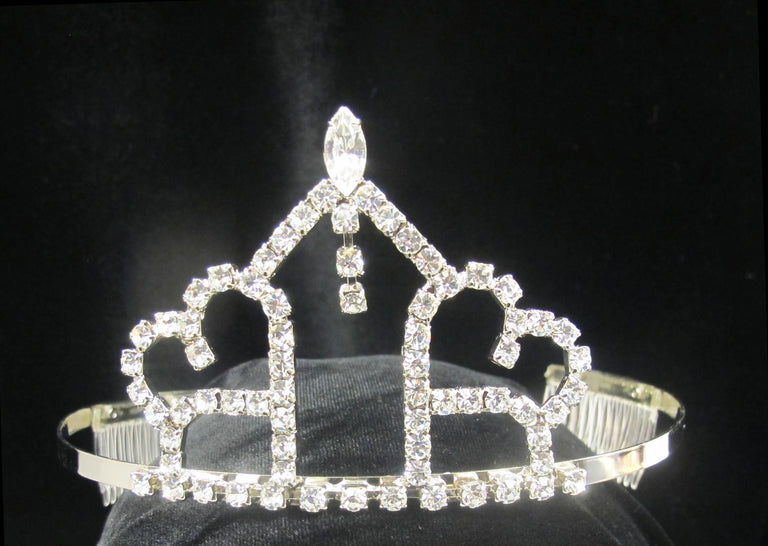 T-23 PAGODA TIARA WITH HEARTS AND DANGLE RHINESTONES