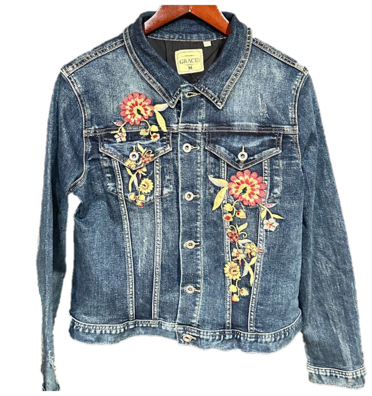 Grace in LA Floral Embroidered Women's Stretch Denim Jacket TE-51933