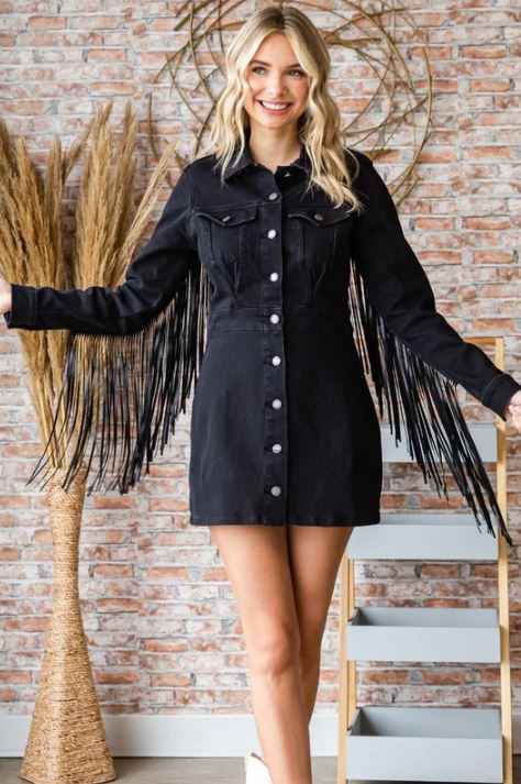Veveret Black Women's Denim Dress with Fringe VD71588 Veveret Black Women's Denim Dress with Fringe VD71588