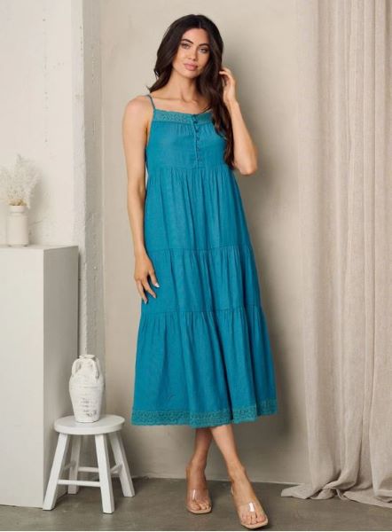 Teal Solid Cotton Midi Dress