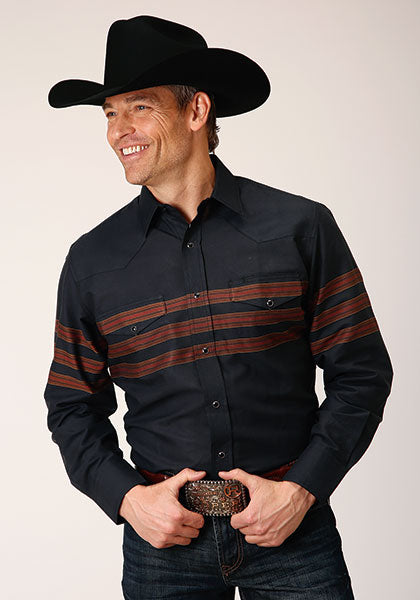 Karman Roper Black Engineered Border Stripe Men's Long Sleeve Shirt 01-001-0043-0681 BL