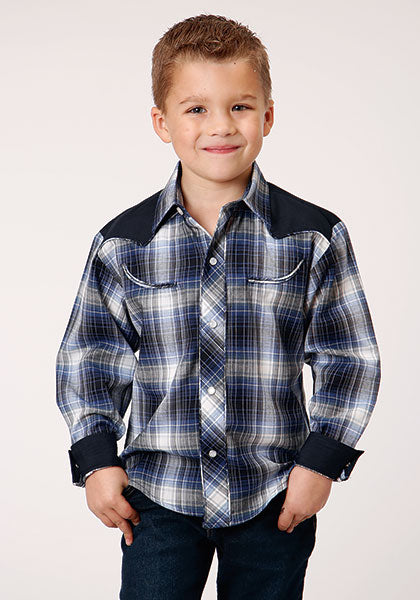 Karmen Roper Navy/Royal/White Boys Long Sleeve Snap Retro Shirt 103000876081BU