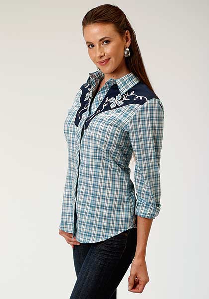 Karman Roper Turquoise/Navy/Cream Womens Long Sleeve Snap Shirts 01-050-0024-0575 BU