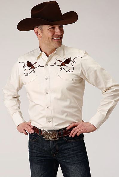 Roper White/Cream Retro with Bird Embroidery Men's Collared Longsleeve Snap Shirt 0300100400673WH