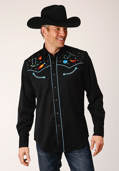 Karmen Roper Black Space Cowboy Embroidery Men's Long Sleeve Snap Western Shirt 03-001-0040-0676 BL