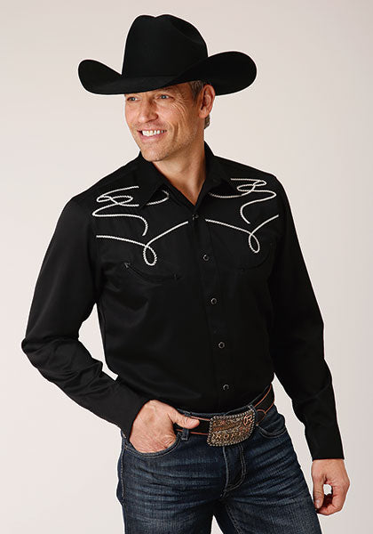 Karmen Roper Black Bronc Rider Embroidery Men's Long Sleeve Snap Western Shirt 03-001-0040-0677 BL