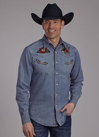 Roper Denim Medium Wash Embroidered Men's Collared Longsleeve Snap Shirt with Embroidery 0300100400699BU