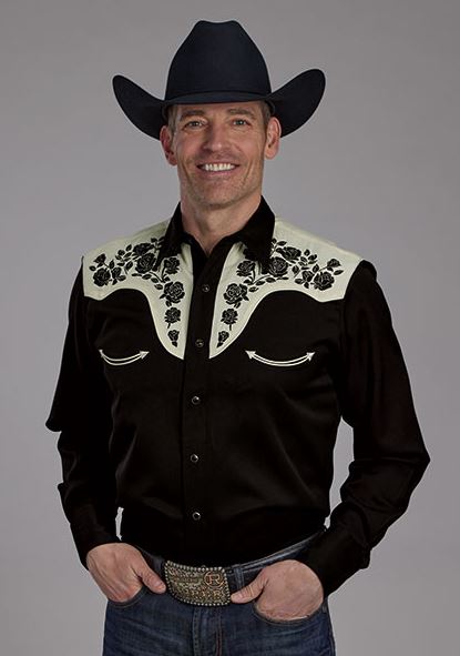 Roper Black/White Men's Long Sleeve Collared Shirt with Contrast Floral Embroidery Front and Back Yokes 0300100400706BL