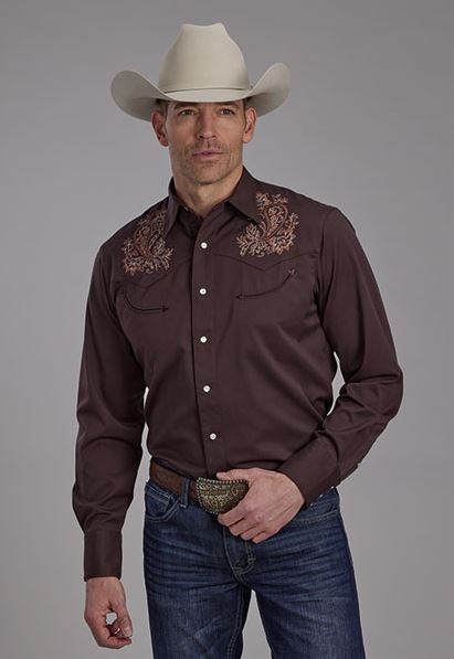 Roper Brown Poly/Rayon Men's Collared Longsleeve Western Snap Shirt 0300100400709BR