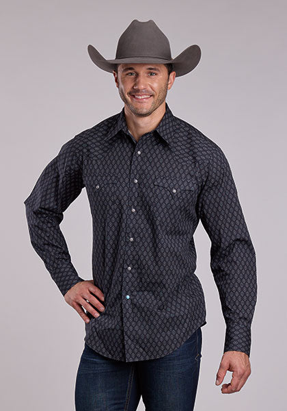 Roper Gray Turquoise Aztec Print Men's Long Sleeve Snap Western Shirt 03-001-0064-0327