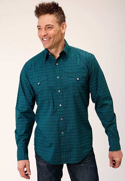Roper Green Diamond Print Men's Longsleeve Snap Western Shirt 0300100641011GR