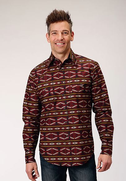 Roper Red Aztec Print Horizontal Stripe Men's Collared Long Sleeve Snap Shirt 0300100670100RE