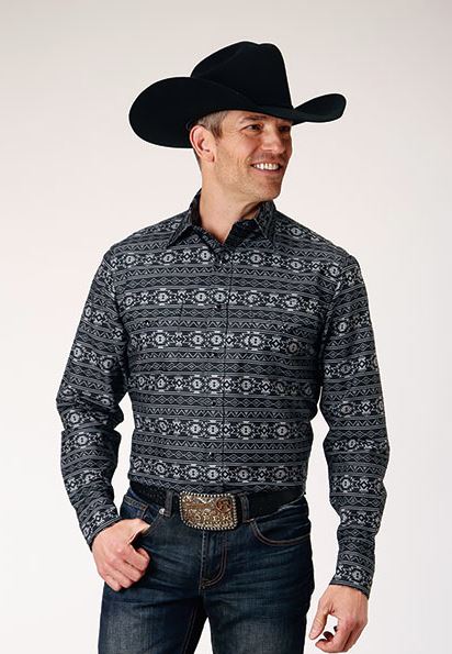 Roper Horizontal Aztec Stripe Print Men's Collared Longsleeve Snap Shirt 0300100670102BL