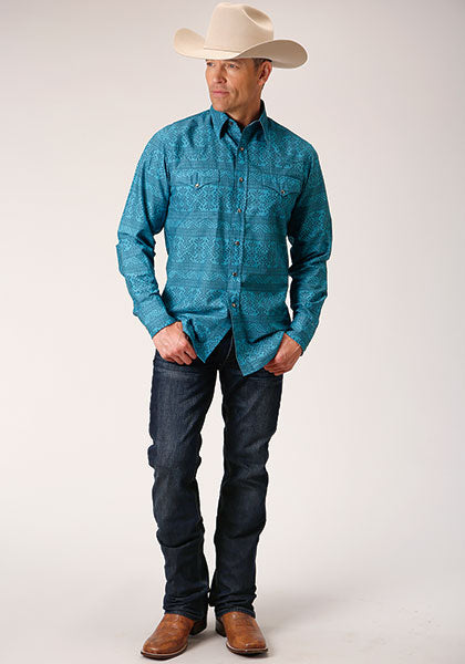 Karmen Roper Blue Aztec Print Men's Long Sleeve Snap Western Shirt 03-001-0067-0301 BU
