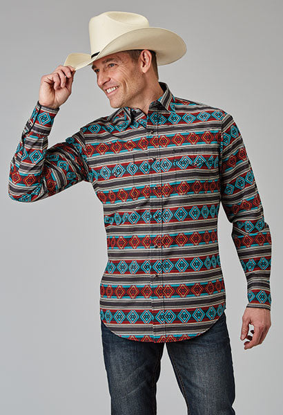 Karman Roper Red Aztec Stripe Men's Long Sleeve Horizontal Print Shirt 03-001-0067-0321