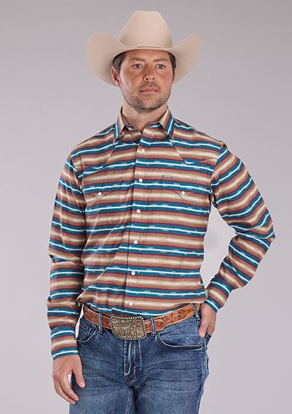 Roper Brown with Stripes Men's Mini Aztec Horizonal Stripe Collared Longsleeve Snap Shirt 0300100670477BR