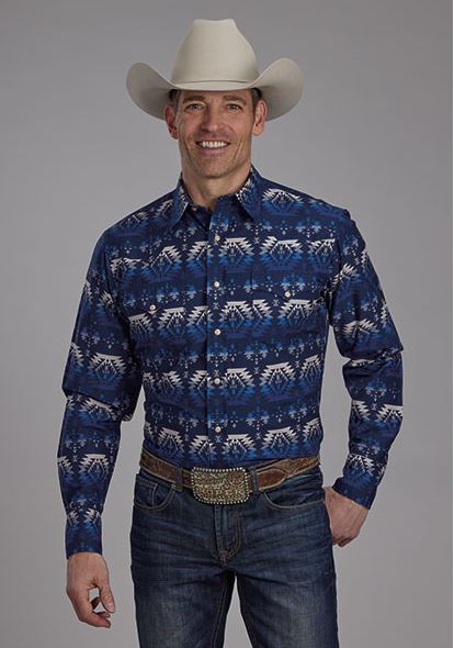 Roper Blue Ombre Horizontal Aztec Print Men's Collared Long Sleeve Snap Shirt 0300100670635BU
