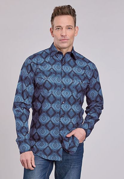 Roper Blue Aztec Serape Print Men's Collared Longsleeve Snap Shirt 0300100670740BU