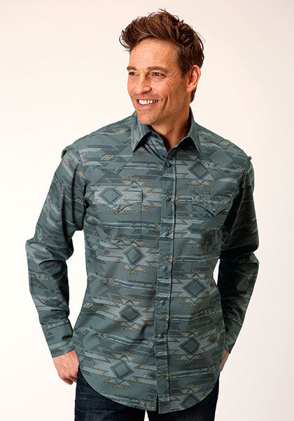 Karman Roper Grey Aztec Print Men's Long Sleeve Snap Shirt 03-001-0067-0787
