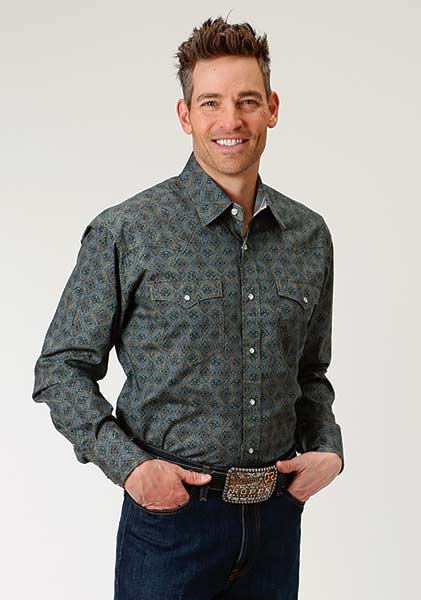 Karman Roper 1873 Vintage Diamond Medallion Mens Long Sleeve Snap Shirt 0300102250726GR