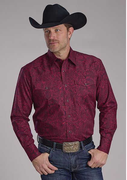 Roper Burgundy Paisley Print Men's Amarillo Collared Snap Allover Longsleeve Shirt 0300102251012WI
