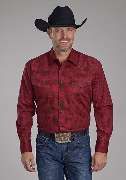 Roper Red Diamon Print Stretch Poplin Men's Long Sleeve Snap Western Shirt 03-001-0225-6600