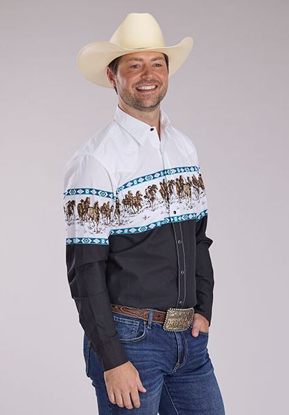 Roper Black/White with Running Horse Border Men's Collared Longsleeve Vintage Style Shirt 0300104210401BL