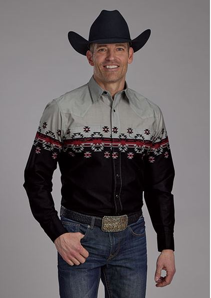 Roper Black/Grey Men's Collared Longsleeve Snap Shirt with Ombre Aztec Border 0300104310653BL